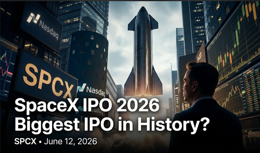 SpaceX IPO 2026 trading on Nasdaq under ticker SPCX with Elon Musk and Starlink illustration